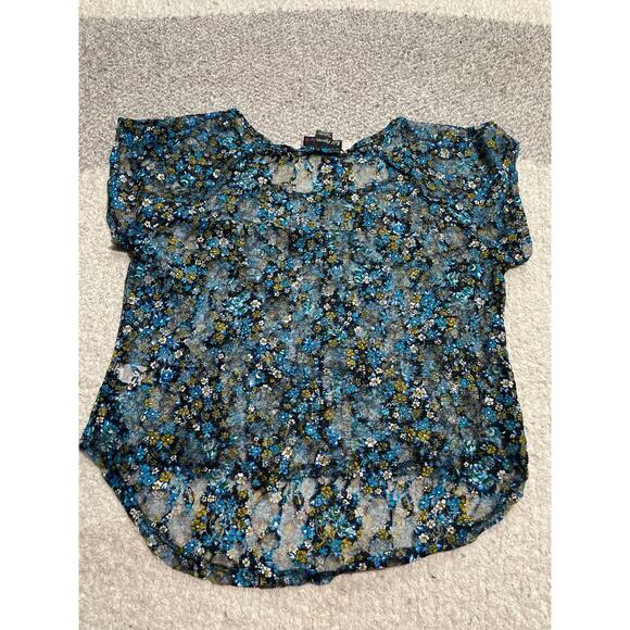 Y2k Self Esteem Mesh Top Women's Size Small Floral Short Sleeve Shirt Blue - Picture 7 of 7